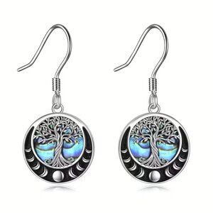 Tree of Life Moon Phase Dangle Earrings Sterling Silver Abalone Inlay